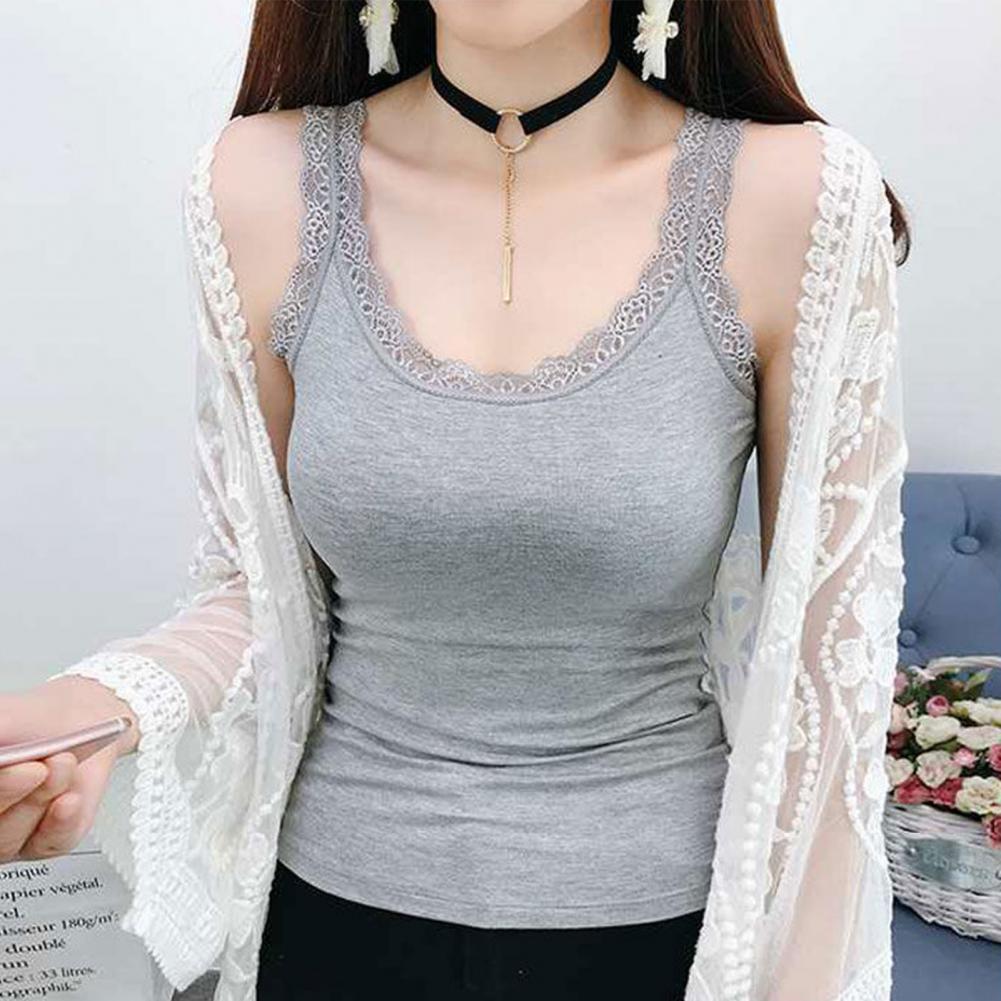 Women Summer Thin Vest U-Neck Sleeveless Slim Fit Tank Tops Single Color Lace Trimmed Camisole Streetwear