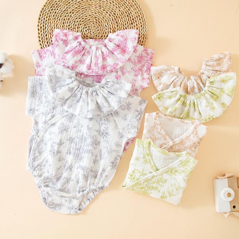 Baby Cotton One-piece Short-sleeved Cotton Yarn Triangular Fart-wrapped Romper Spring and Summer Thin Children's Fart-wrapped with Bib Clothes