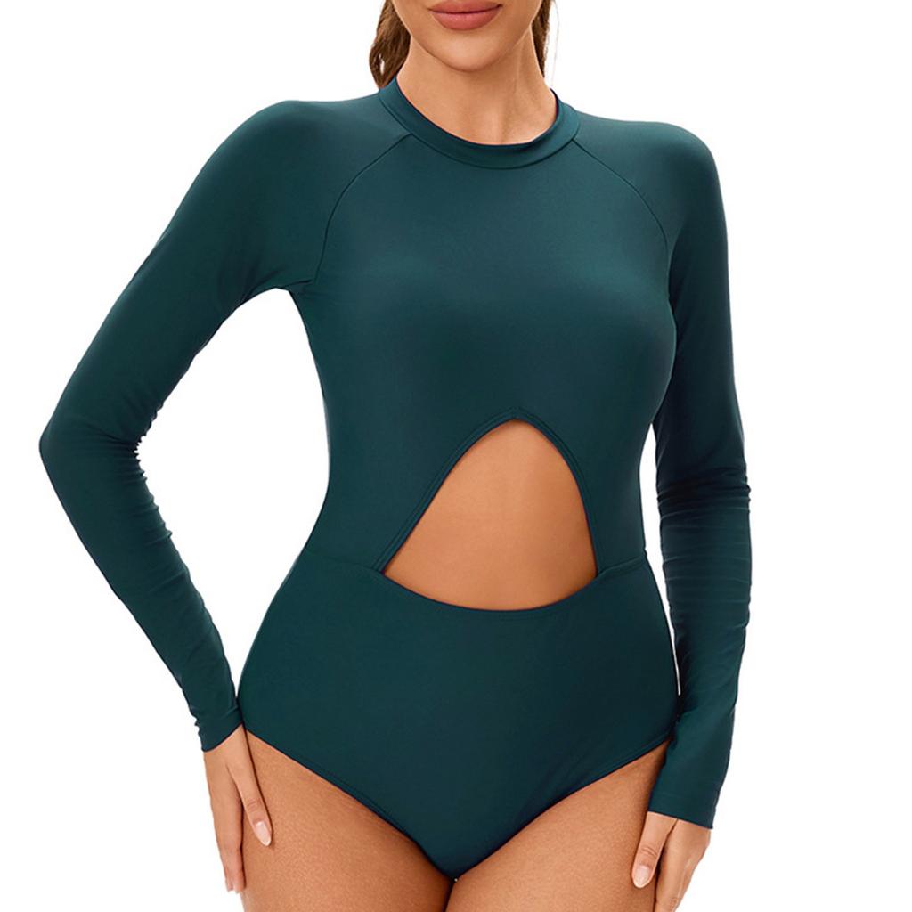 Women's Long-sleeved Conservative One-piece Sexy Sunblock Wetsuit With Breast Pad Swimsuit