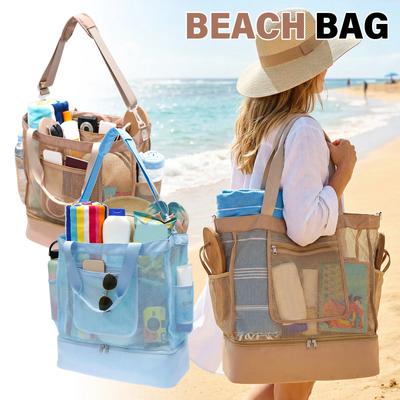 Portable Mesh Beach Bag with Cooler Compartment Large Capacity Sandproof Beach Totes Insulated Beach Bag for Travel Pool Picnic