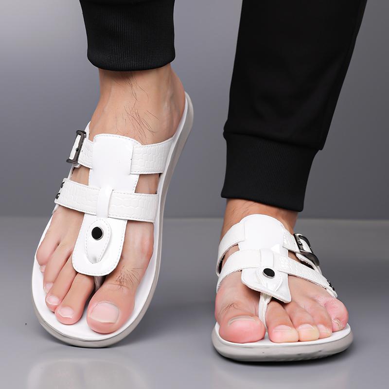 Men Black Leather Slippers Simple Flats Summer White Flip Flops Outdoor Sandals Blue Open Toe Beach Shoes Plus Size