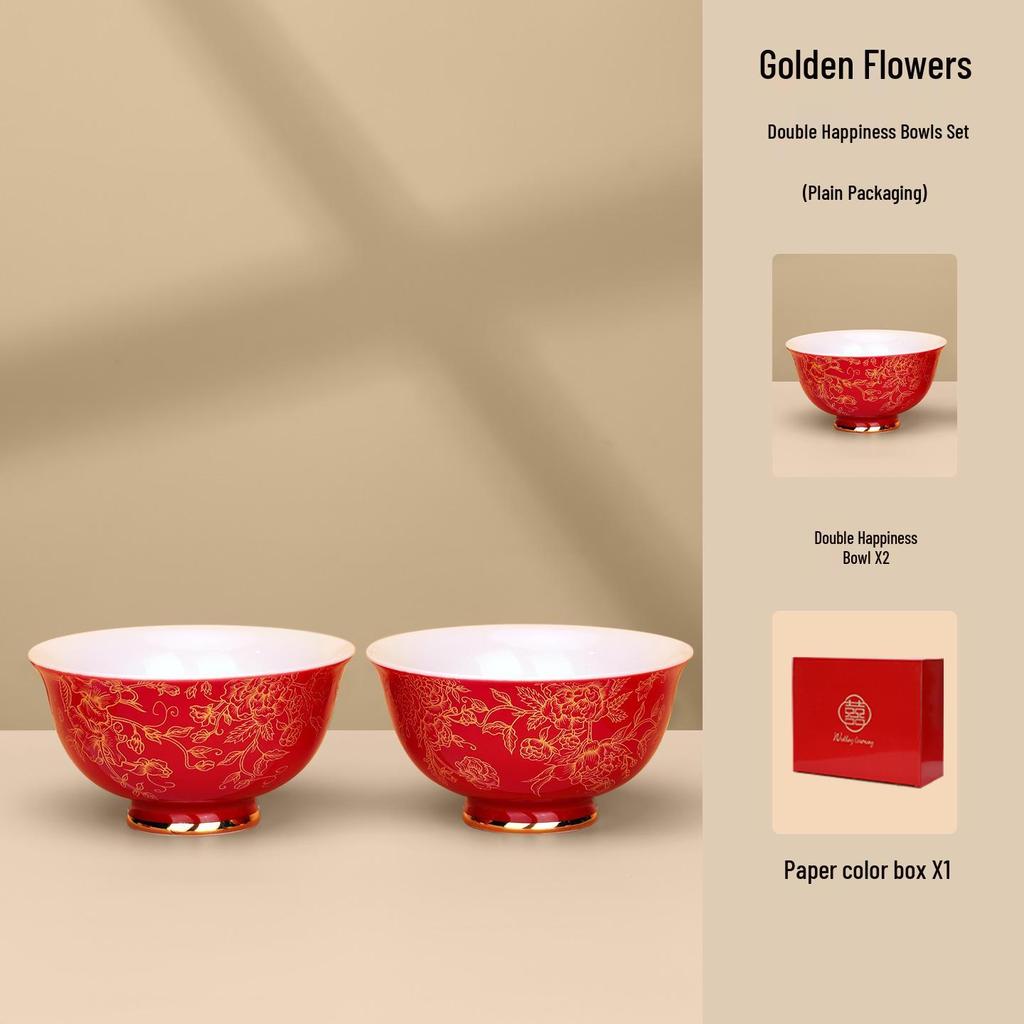 Double Happiness Newlywed Tea Set: Red Bowls, Chopsticks, and Spoons
