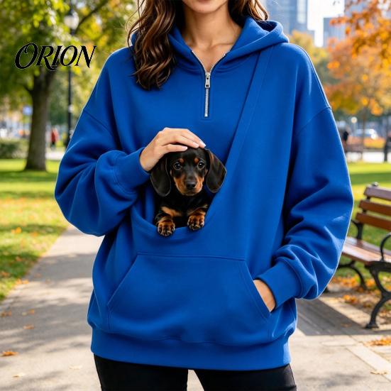 Travel Sweatshirt with Front Pouch Women Hoodie Pet Carrier Pocket, Half Zipper Pullover Sweatshirt, Dog for Small Pets Loose Fit Long Sleeve