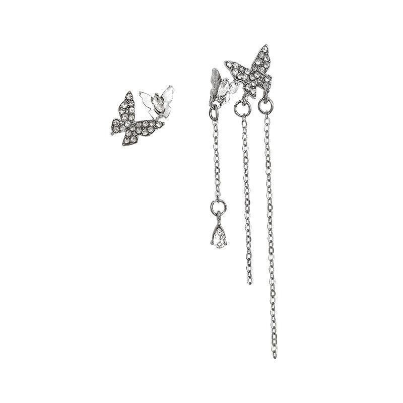 Flash Diamond Butterfly Tassel Earrings Femininity Long Earrings Silver Needle Ears