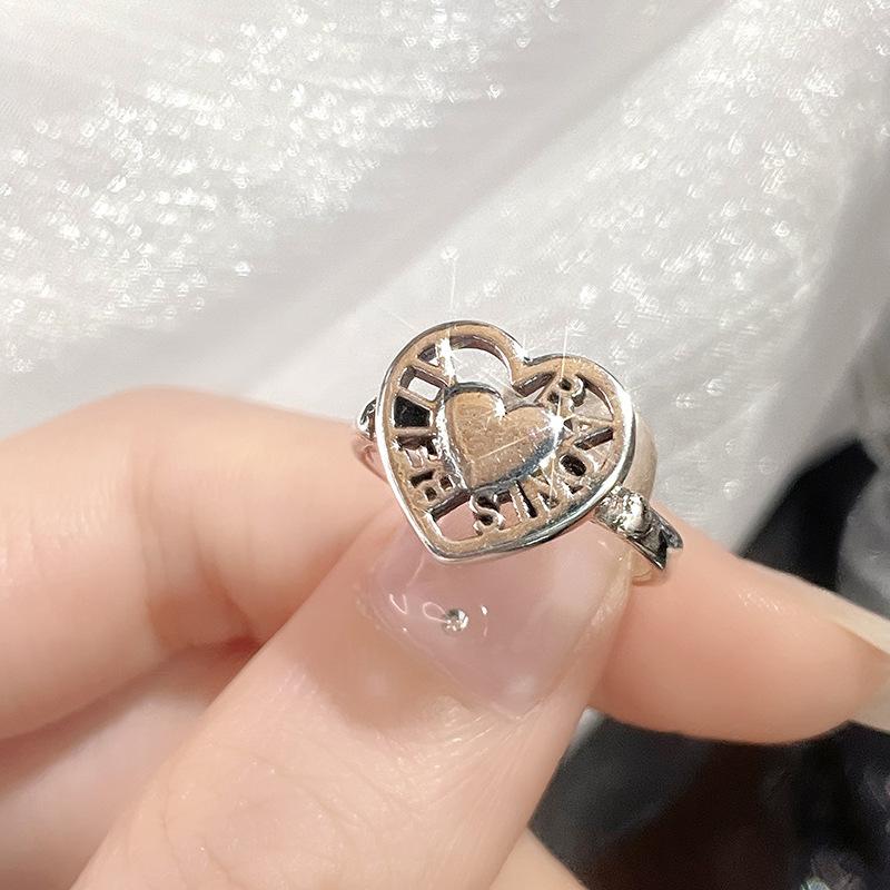 Personality Light Luxury High Sense Retro Dyed Black Love Open Ring Women'S Minimalist Index Finger Ring Niche Design Ring Women