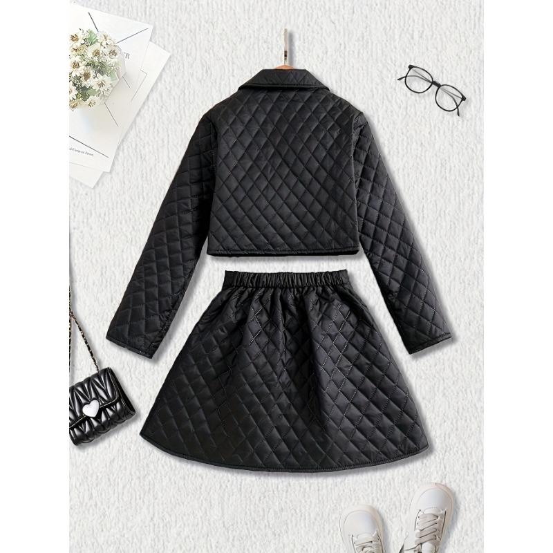 [2pcs Girls' Suit Set] 2pcs Autumn/Winter Warmth Girls' Suit Set, Fashionable Short Buttoned Jacket and Mini Skirt | Plus Plaid Holiday Gift Set