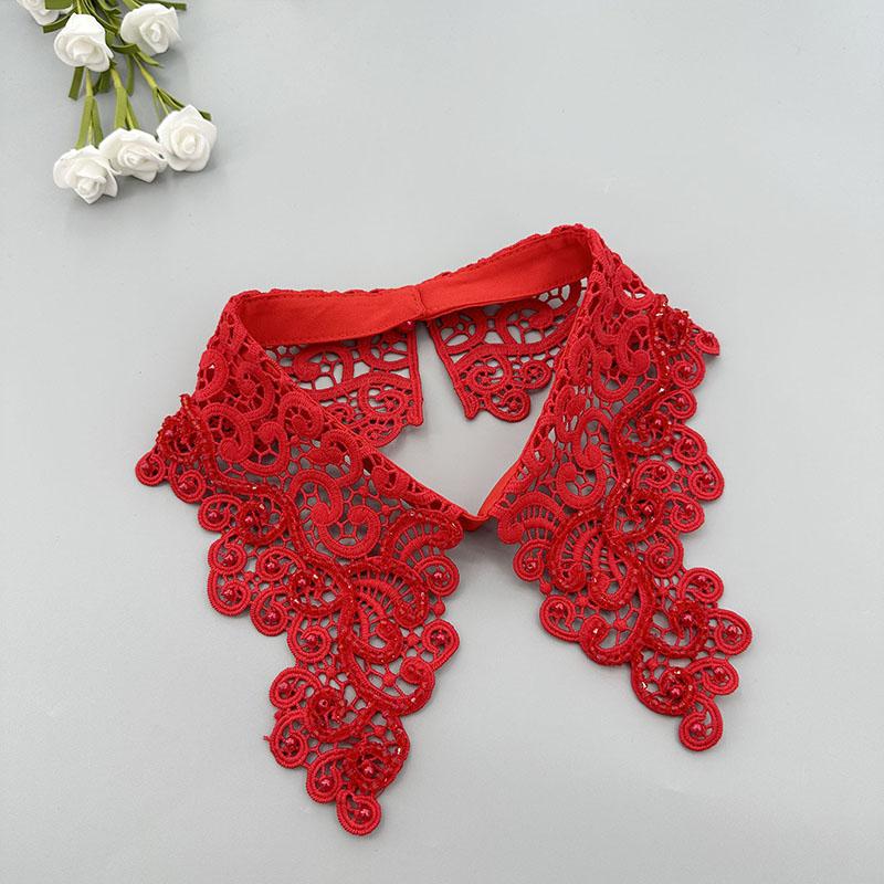 Fashion White Hollow Lace Fake Collar Blouse Decoration Lapel False Collar Beading Removable Detachable Collar Neckline Faux Col
