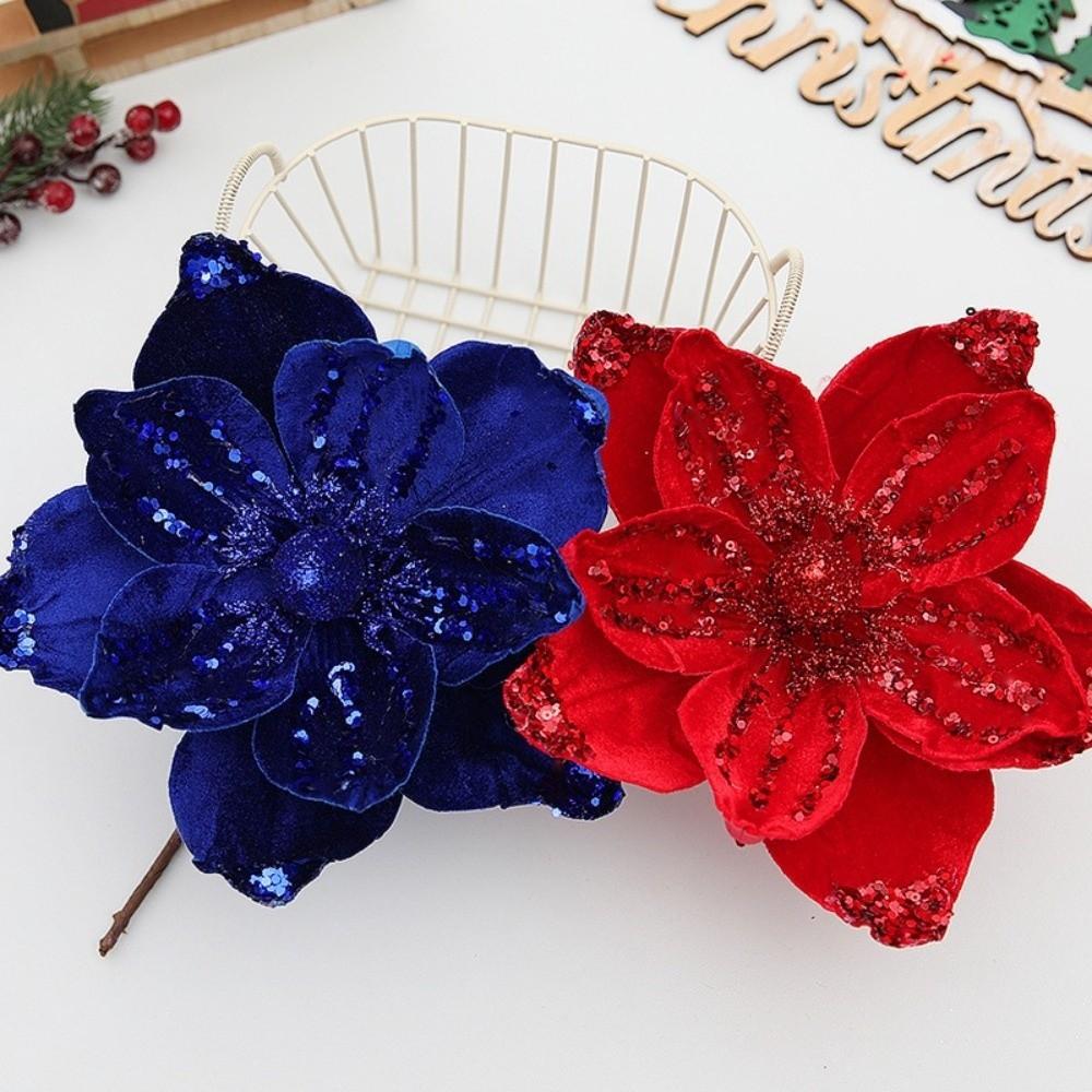 Sequin Artificial Poinsettia Glitter Flower 21cm 3D Simulation Magnolia  Wedding Party Decoration