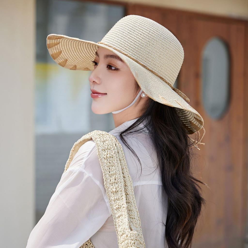 Summer French Big Brim Sun Hat Women's Fashion Ins Seaside Sun Protection Straw Hat Pastoral Pearl Face Small Sun Hat
