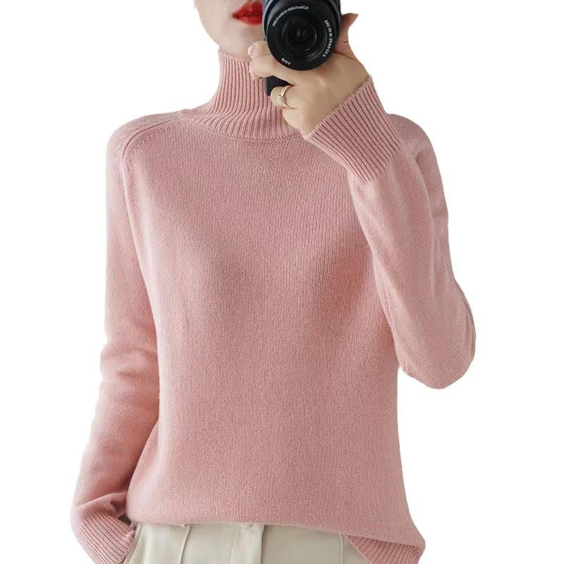 Women's Cashmere High Collar Pullover Sweater - Autumn/Winter 2023 Loose Knit, Solid Color 