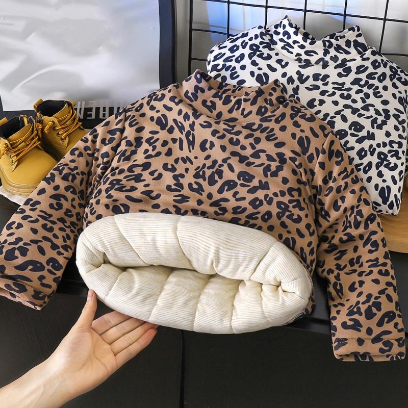 Winter Children Cotton-padded Jacket Plus Velvet Thick Clothes Set Leopard Print Boys Girls Fleece Warm Tops Kids Outfits 100 хаки
