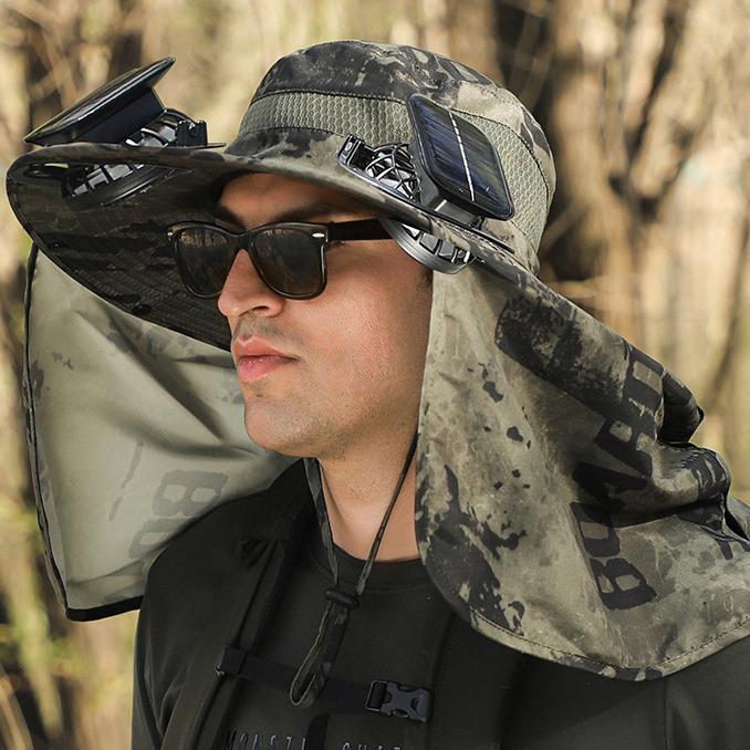 Men's Summer Outdoor Fan Hat, Rechargeable High-Wind Sun Hat Wide Brim UV Protection Hiking Bucket Hat