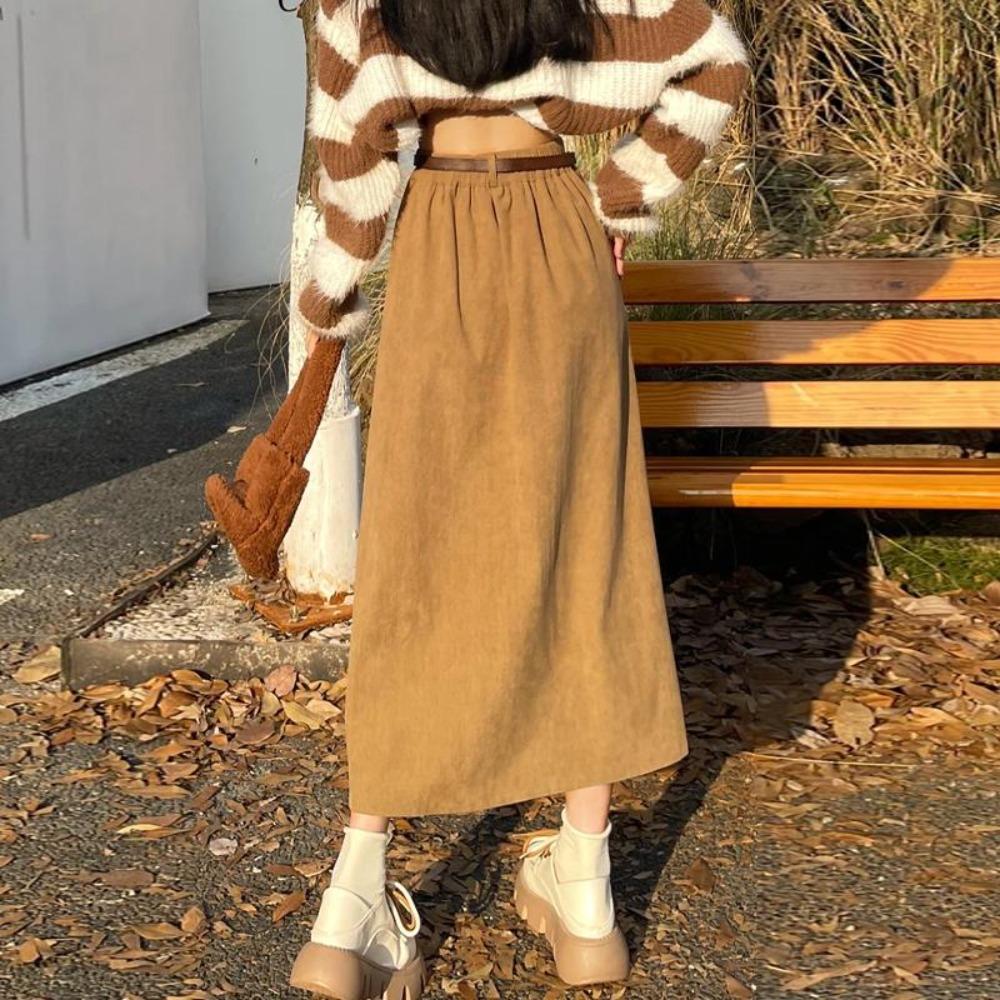 Korean Women's Brown Skirt Autumn Winter High-waisted Corduroy Long Skirt Ladies College Style Pleated A-line Skirts