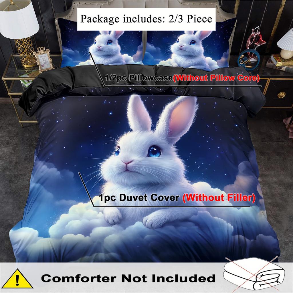 2/3Pcs Quilt Cover Set Cartoon Animal Bunny Printed Duvet Cover Set King Queen Style Bedding Set Polyester Machine Washable