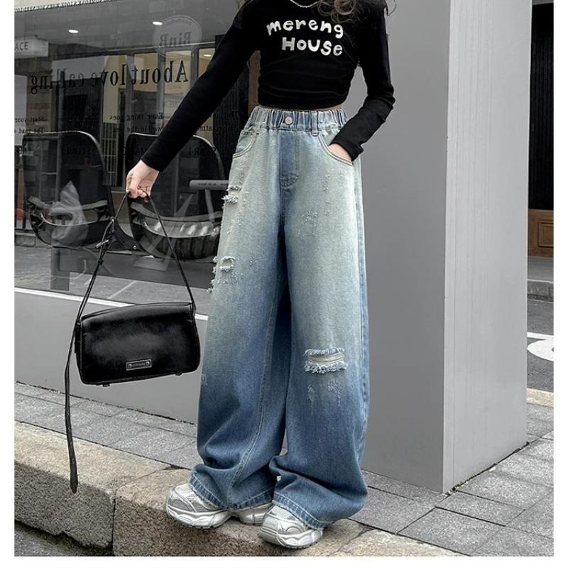 Girls Ripped Distressed Jeans Baggy Wide Leg Pants with Stretchy Waist Gradient Denim Pants for Kids Children Age 5-14Y