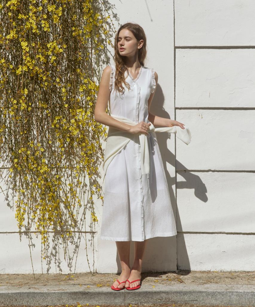 Adowl Lace Frill Line Jacquard Long Dress - White