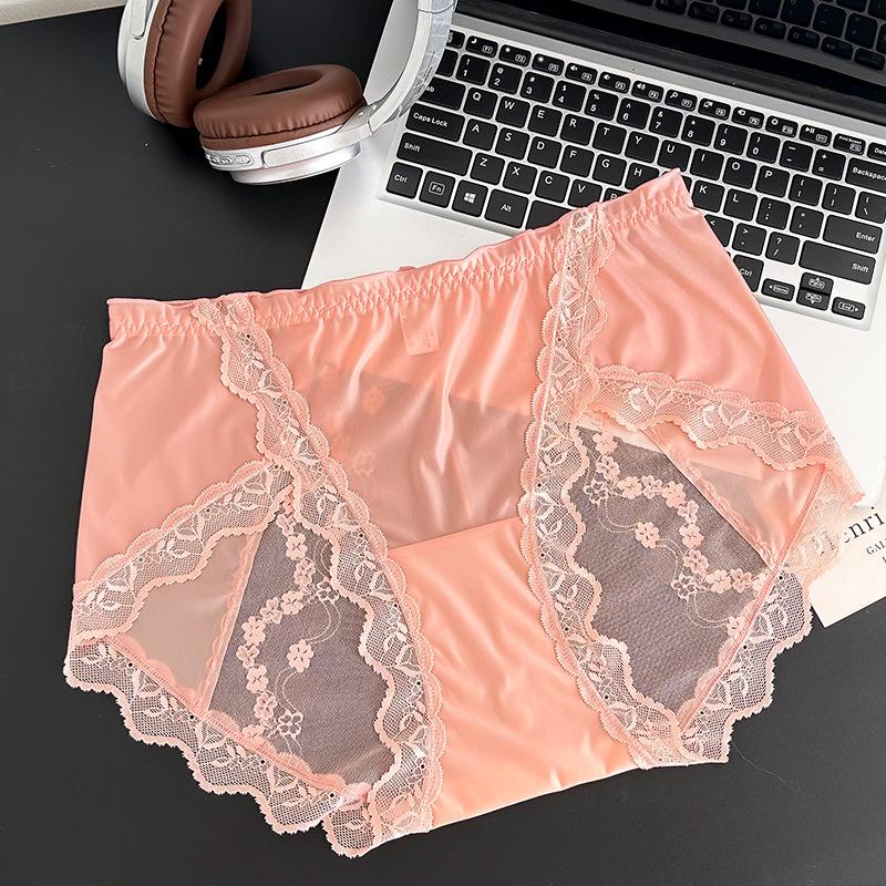 Plus Size Ladies Summer Thin Sexy Lace Bow Translucent Cotton Crotch Triangle Briefs