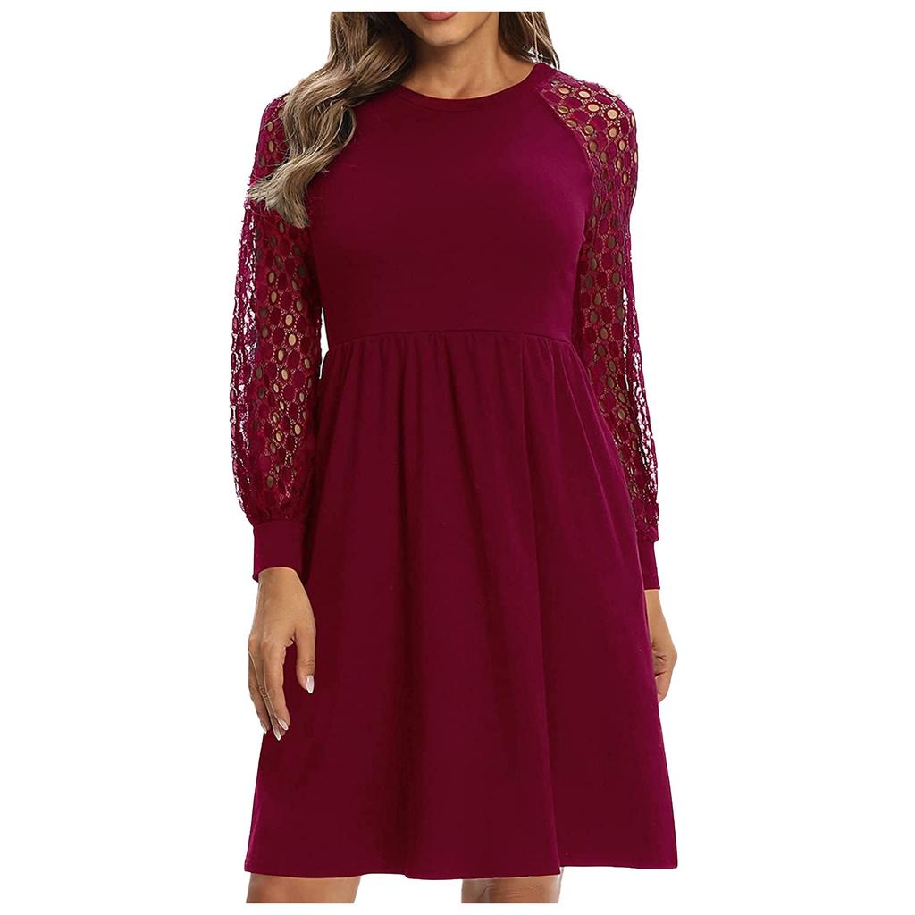 Dámské módní ležérní šaty s dlouhým rukávem, sexy kulatým výstřihem a krajkovým prošíváním