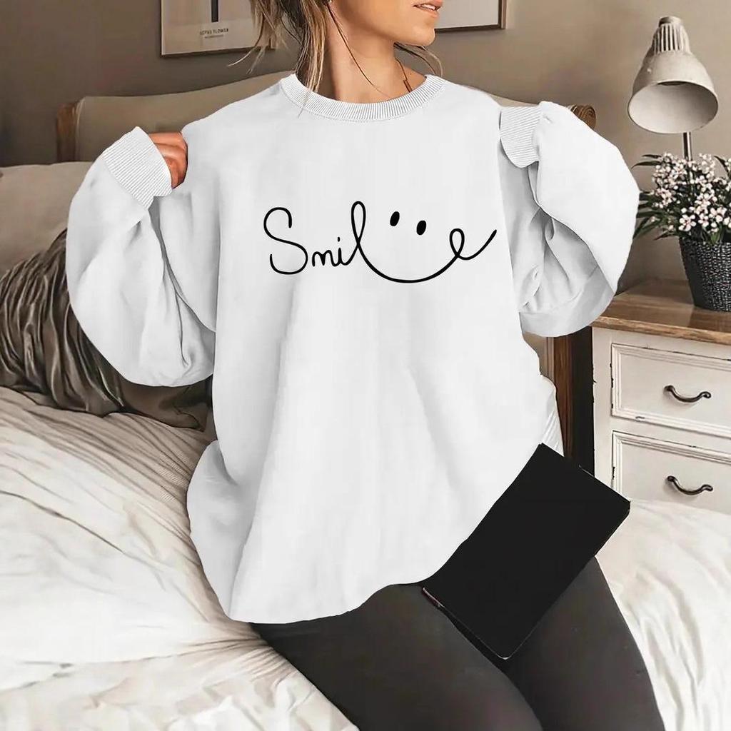 Women's Geometric Smiley Face Crew Neck Pullover Sweatshirt, Sizes S-3XL