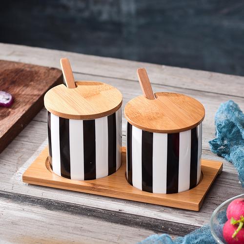 Nordic Black and White Stripes Ceramic Spice Jar Combination Set Salt Sugar Oil Soy Sauce Bottle Vinegar Pot Kitchen Supplies