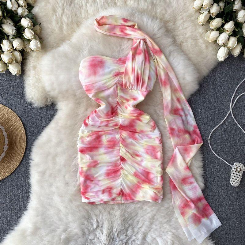 

Ruched Sexy Halter Ribbon Tie Dye Printed Short Skirt Red L