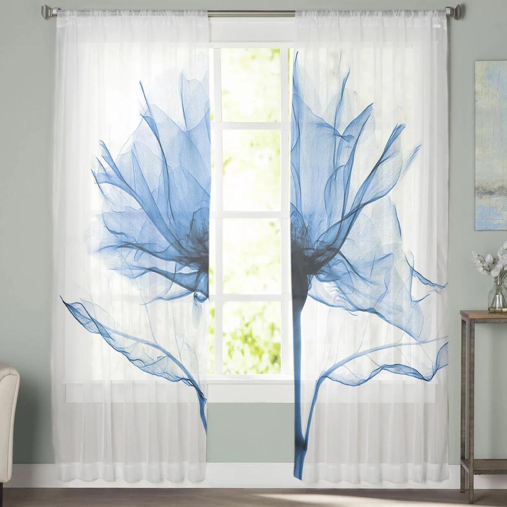 Blue Flower Abstract White Tulle Curtains for Living Room Drapes Window Sheer Modern Curtains for Bedroom Decor