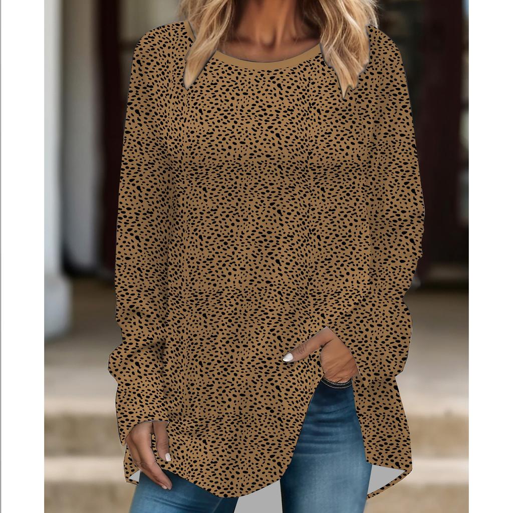 Übergröße Damen Modische Persönlichkeit Leopardenmuster Bequemes Langarm Rundhals T-Shirt Lässige Weite Mittellange T-Shirt Oberteile