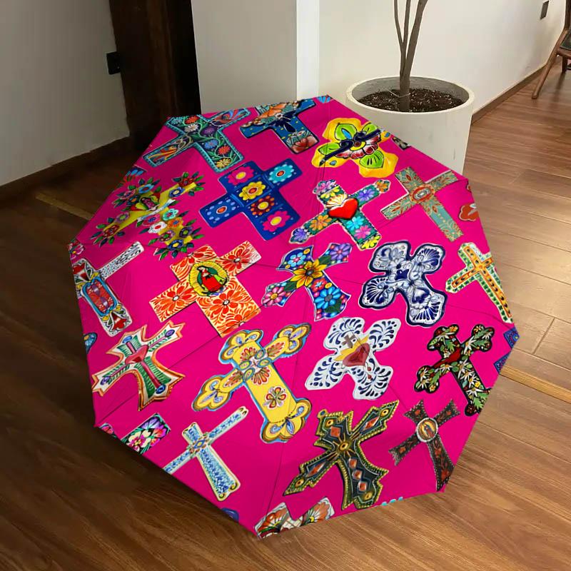 

Colorful Mexican Crosses on Pink Background Automatic Opening Folding Umbrella with 8 Bone Iron Frame,Suitable for Fans,Travel,Daily Us