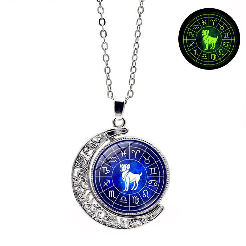 Luminous Twelve Constellations Double-sided Rotating Moon Pendant Necklace for Women European and American