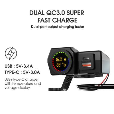 Motorcycle USB+PD Type-c QC3.0 Charger Voltage Temp Display