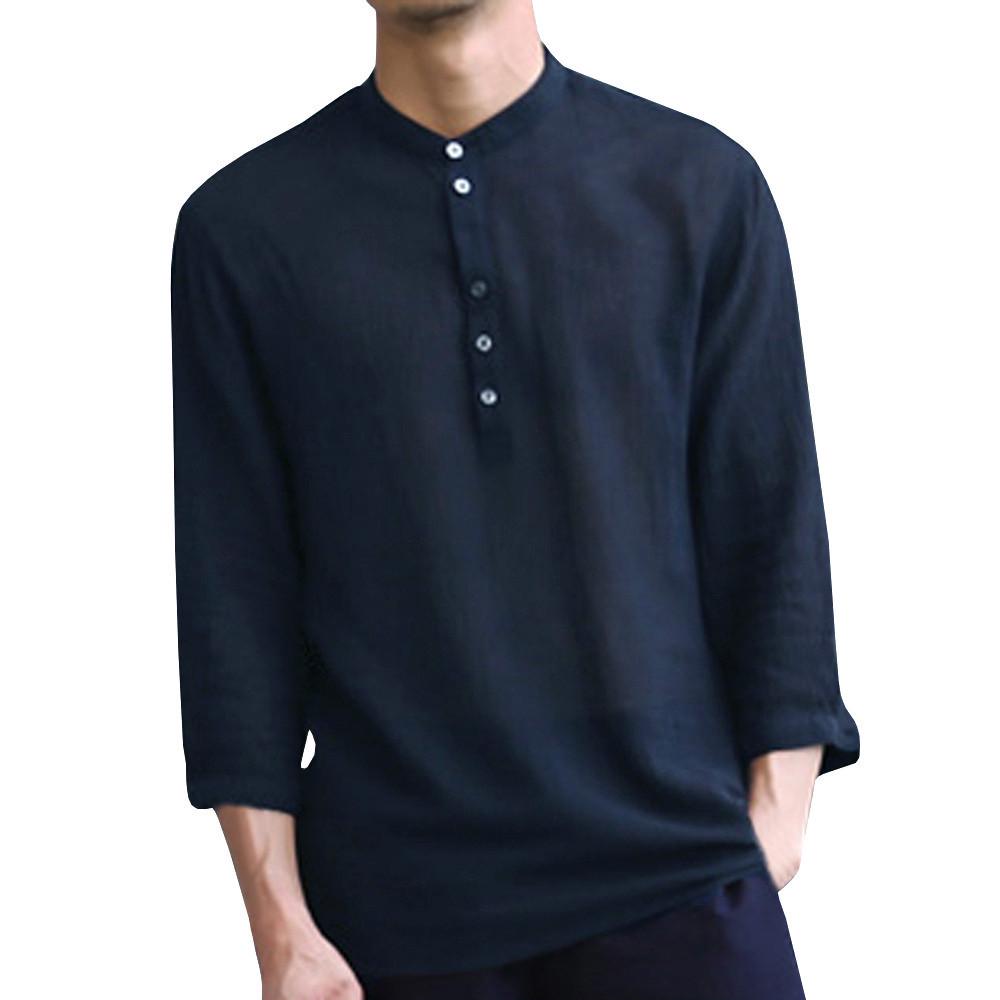 omniscient Mens Shirt Casual Loose 3/4 Sleeve Linen Cotton Button Down Shirt omniscient Mens Shirt Casual Loose 3/4 Sleeve Linen Cotton Button Down Shirt