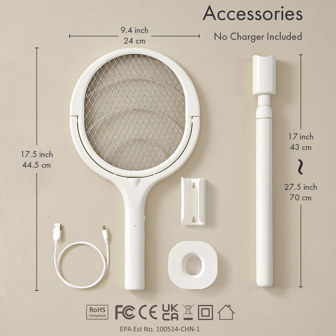 Rotating Head Electric Fly Swatter Racket Rechargeable Bug Zapper Racket Bug Zapper Indoor Fly Zapper Mosquito , with a Telescopic Extension 1pcs