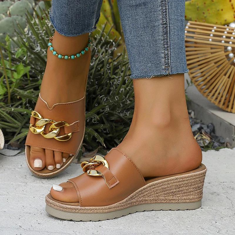Fashion Fashion Chain Decor Wedge Sandals for Women Summer Lightweight Platform Slippers Woman Plus Size 43 Comfort Non Slip Beach Shoes