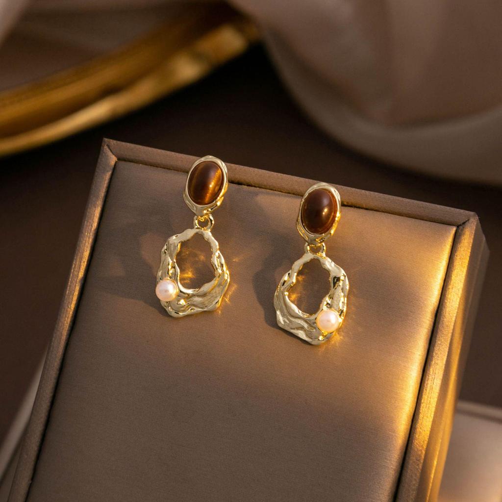 Silver Needle Tiger's Eye 925 Metal Earrings - Retro Hollow Irregular Design