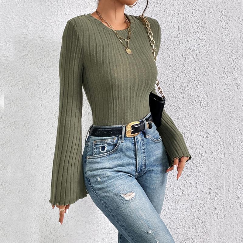 New Autumn Women's Clothing Solid Color Short Fashion Trumpet Sleeve Long Sleeved Round Neck Simple Casual Comfortable T-shirt
