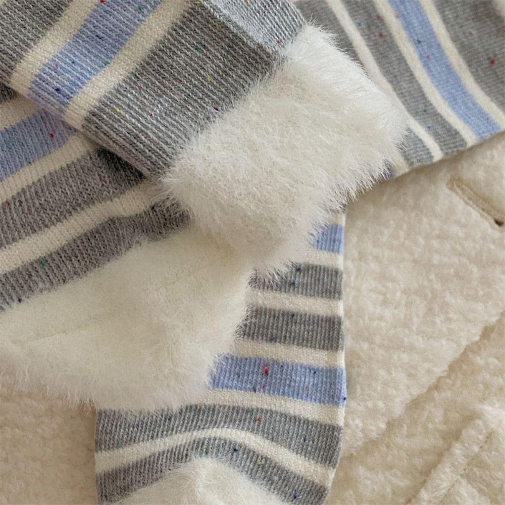 3Pairs Furry Striped Mid-calf Socks Sweet Women's Stockings Soft Winter Plush Socks  Autumn