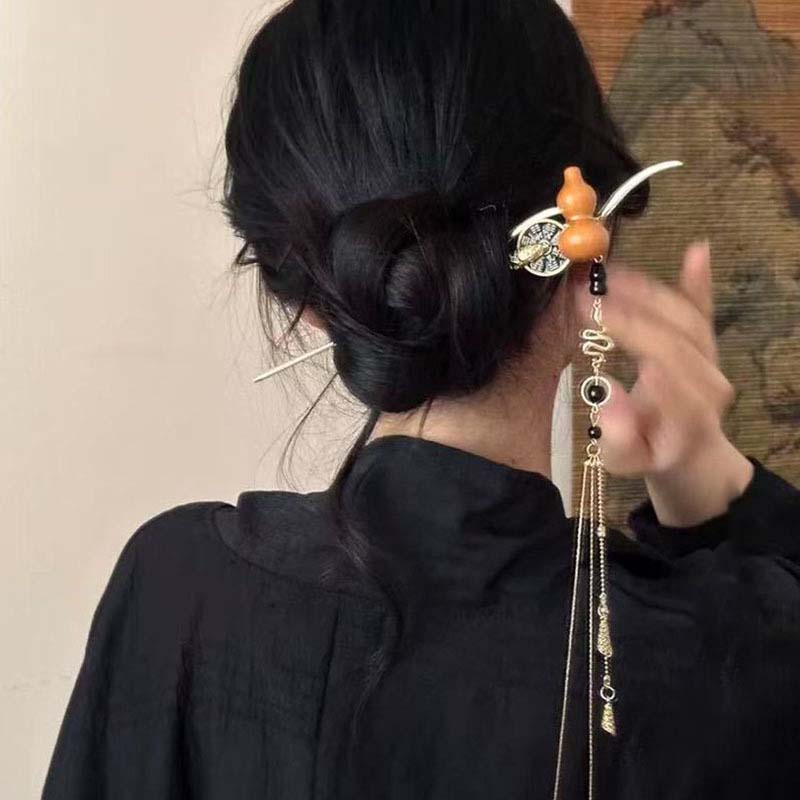 Chinese Style Hulu Hair Stick for Women Girls Vintage Snake Shape Long Tassel Hair Clip Fashion Hanfu Clothing Hair Accessories