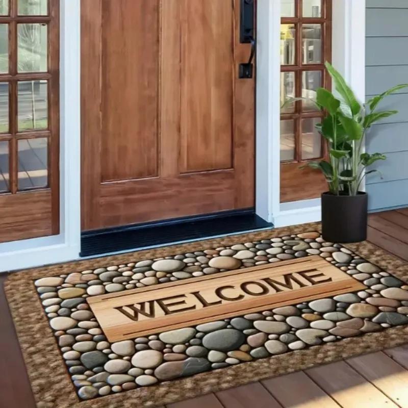 VIKAMA Vintage Stone-Effect Tile Doormat Anti-Slip & Noise-Reducing Entrance Hall Mat Bedroom Entrance & Bedside Rug Home Decor