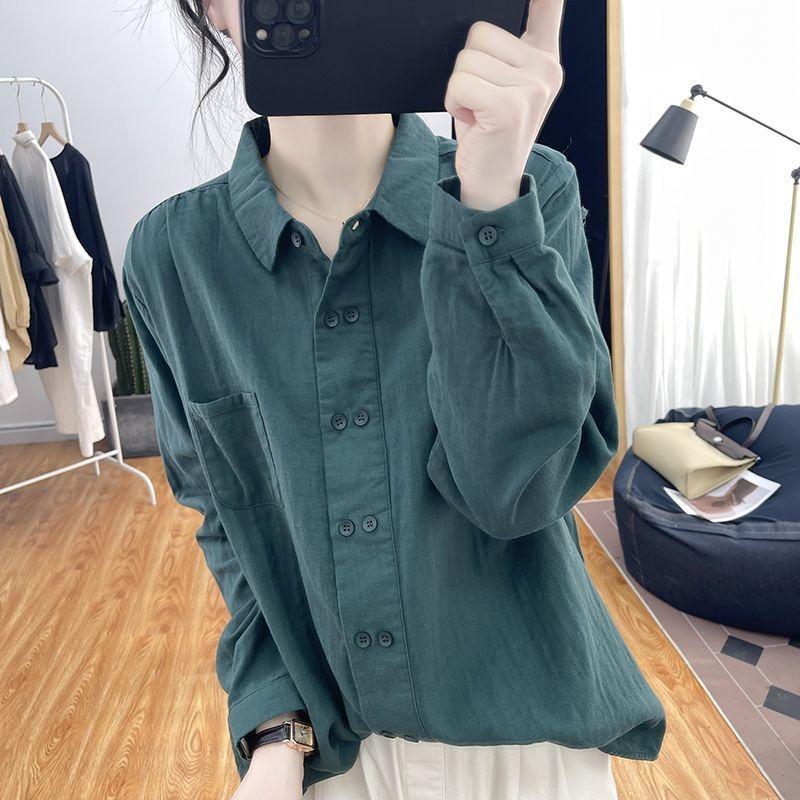 Korean Style Double-breasted Pure Cotton Long-sleeved Shirt for Women Spring and Autumn New Design Casual and Versatile Loose Shirt