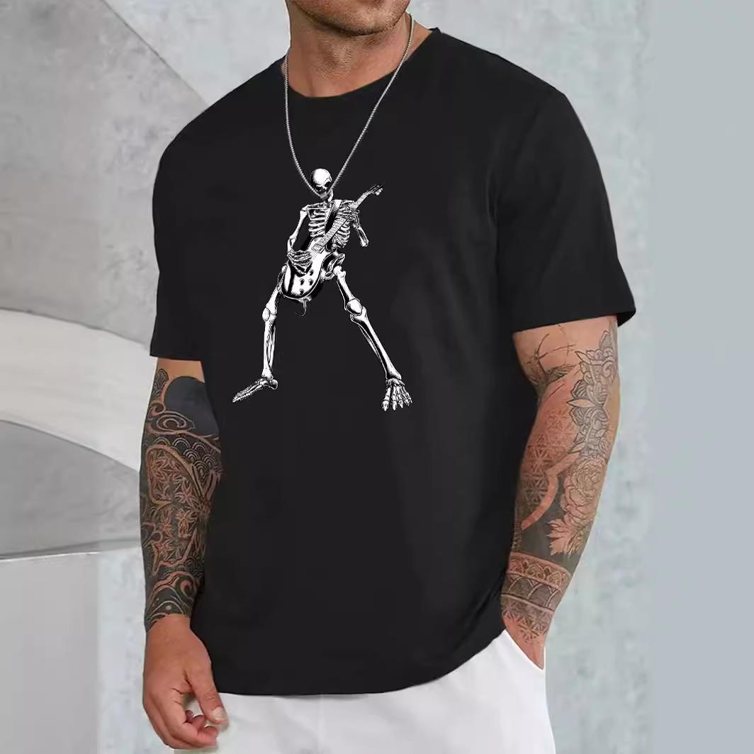 

Cotton T-Shirt Short Sleeve Round Neck Men Skelleton 2d Print Tops S