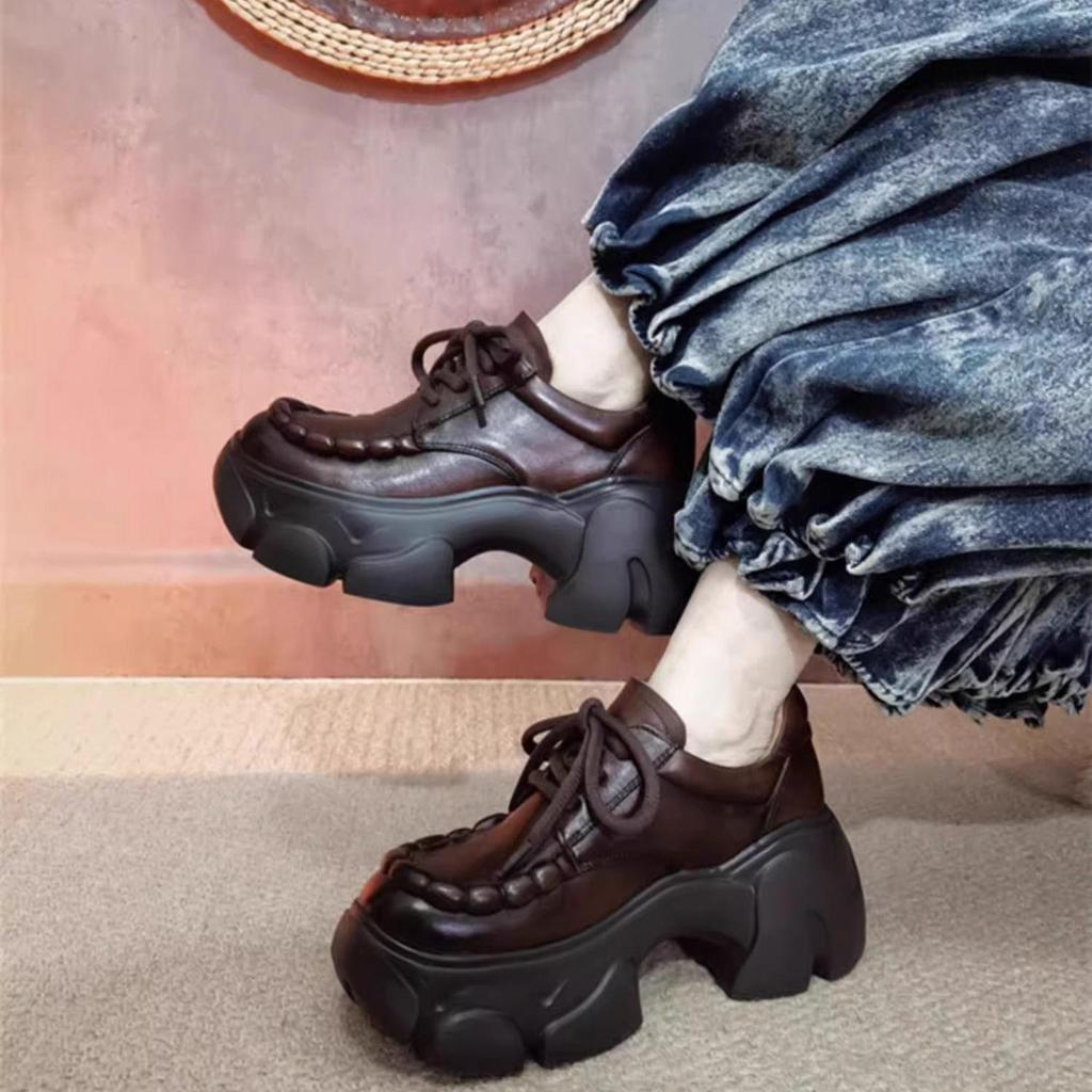 Spring 2025 Retro Chunky Heel Women's Genuine Leather Shoes - Handmade, Round Toe, Lace-Up Platform Design