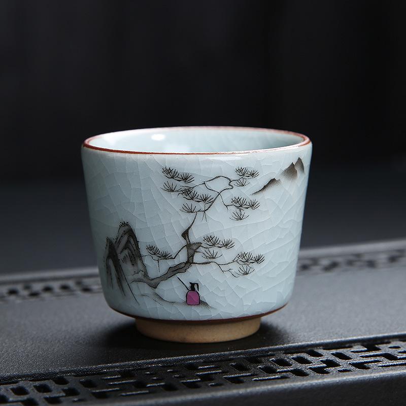 Tea Cup Ceramic Tasting Cup Hand-painted Ru Kiln Crackle Glaze Nurturing Pu'er Kung Fu Single Cup Retro Master Cup with PrintLOG