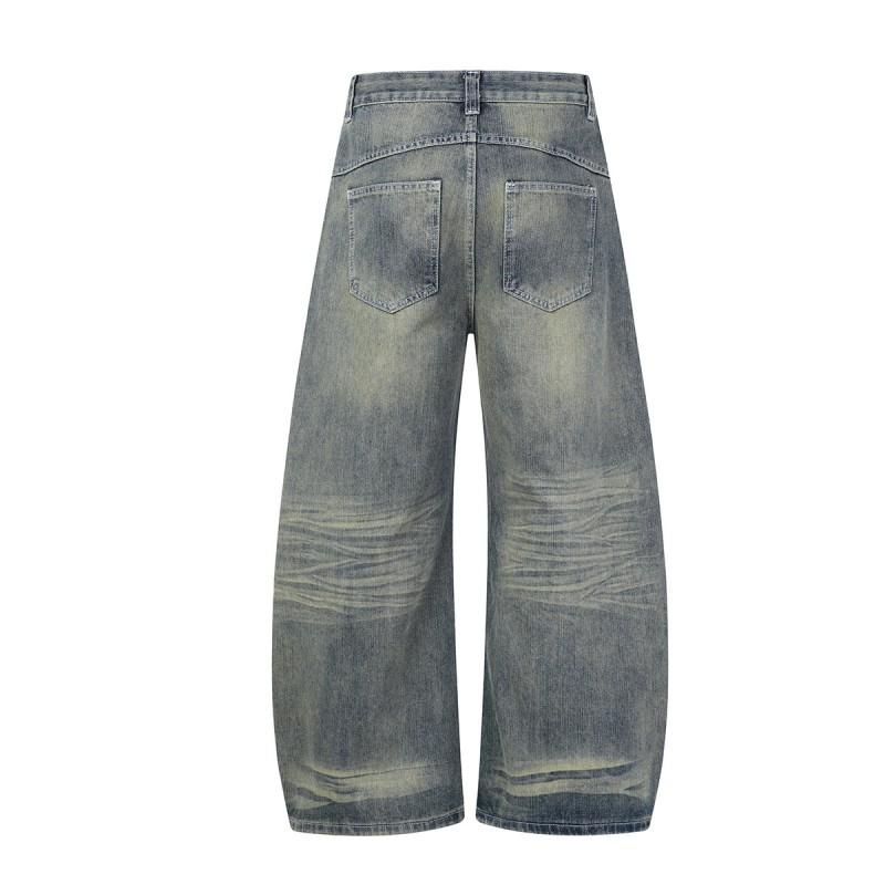 Mens Relaxed Fit Washed Denim Jeans Wide Leg Straight Cut Streetwear Cargo Pocket Pants