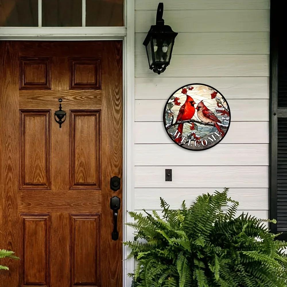 1pc, Cardinal and Holly Berry Welcome Wreath Sign, Winter Rustic Metal Tin Sign, Red Bird Decorative Stained Glass Wall Hanging