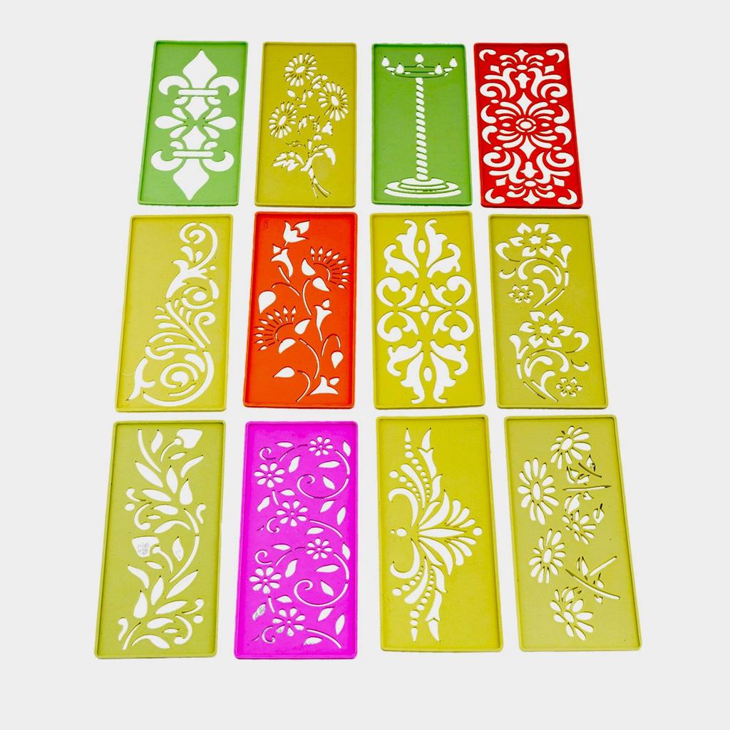 Different Design Ready to Draw Rangoli Making Stencils, Rangoli Plastic Stencils for Floor Decoration (Set of 12, Size 3x7 Inch)