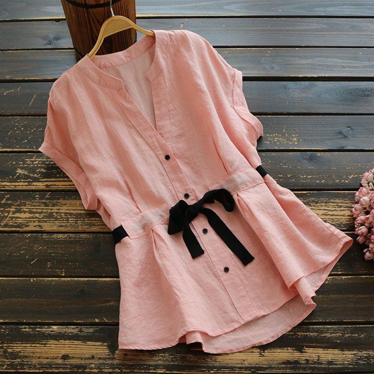 Damen-Baumwollhemd, Sommer, lockeres V-Ausschnitt-Kurzarm-Blusenoberteil