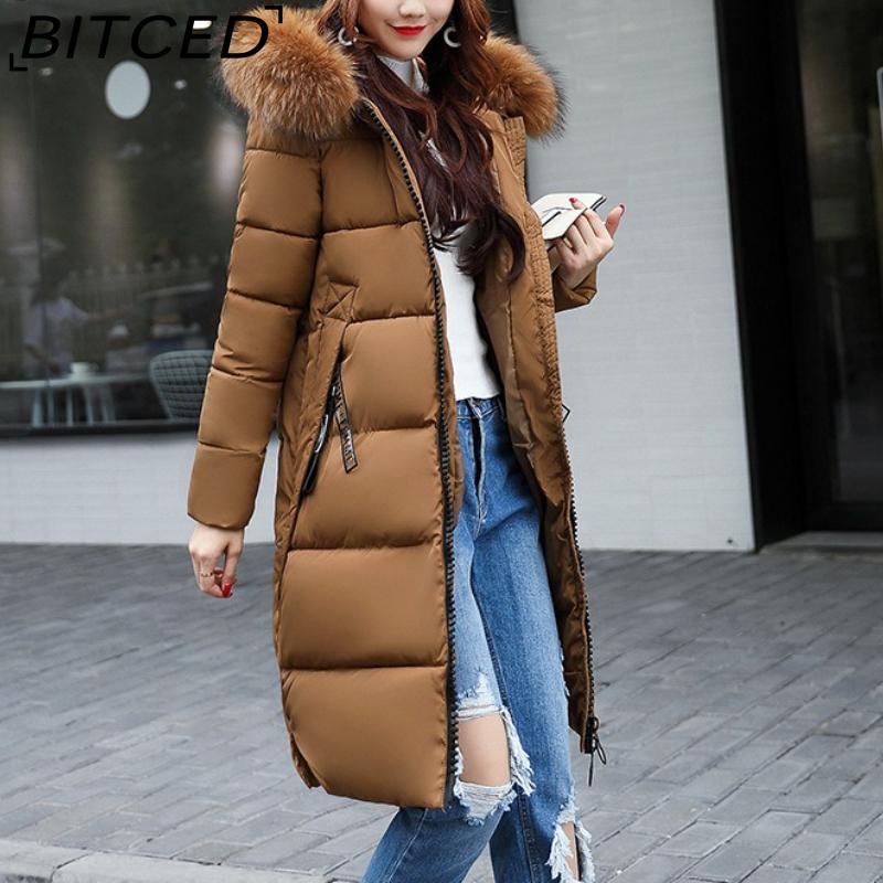 

BITCED Autumn/Winter Women s Long-Length Cotton Coat with Hood and Large Fur Collar Down-Filled Cotton-Blend Padded Jacket XXXL коричневый