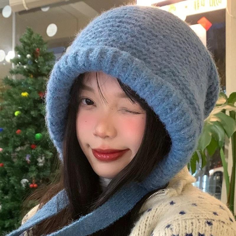 Hat women's winter big head circumference knitted hat versatile face small lace-up bag hat dual-purpose ear protector headgear