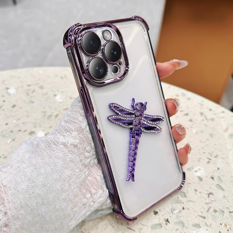 Applicable To Apple 16 Water Diamond Dragonfly Stand Phone Case, IPHONE15 Four-corner Anti-drop I14pro Electroplated Protective Case