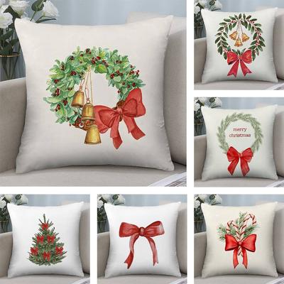 Merry Chrismas Red Bow Pillow Case Plush Fabric Soft Double Sided Print Sofa Cushion Cover Throw Pillow Covers